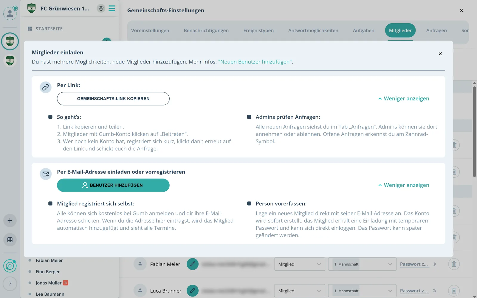 Dialog Mitglieder einladen mit der Option Person vorerfassen