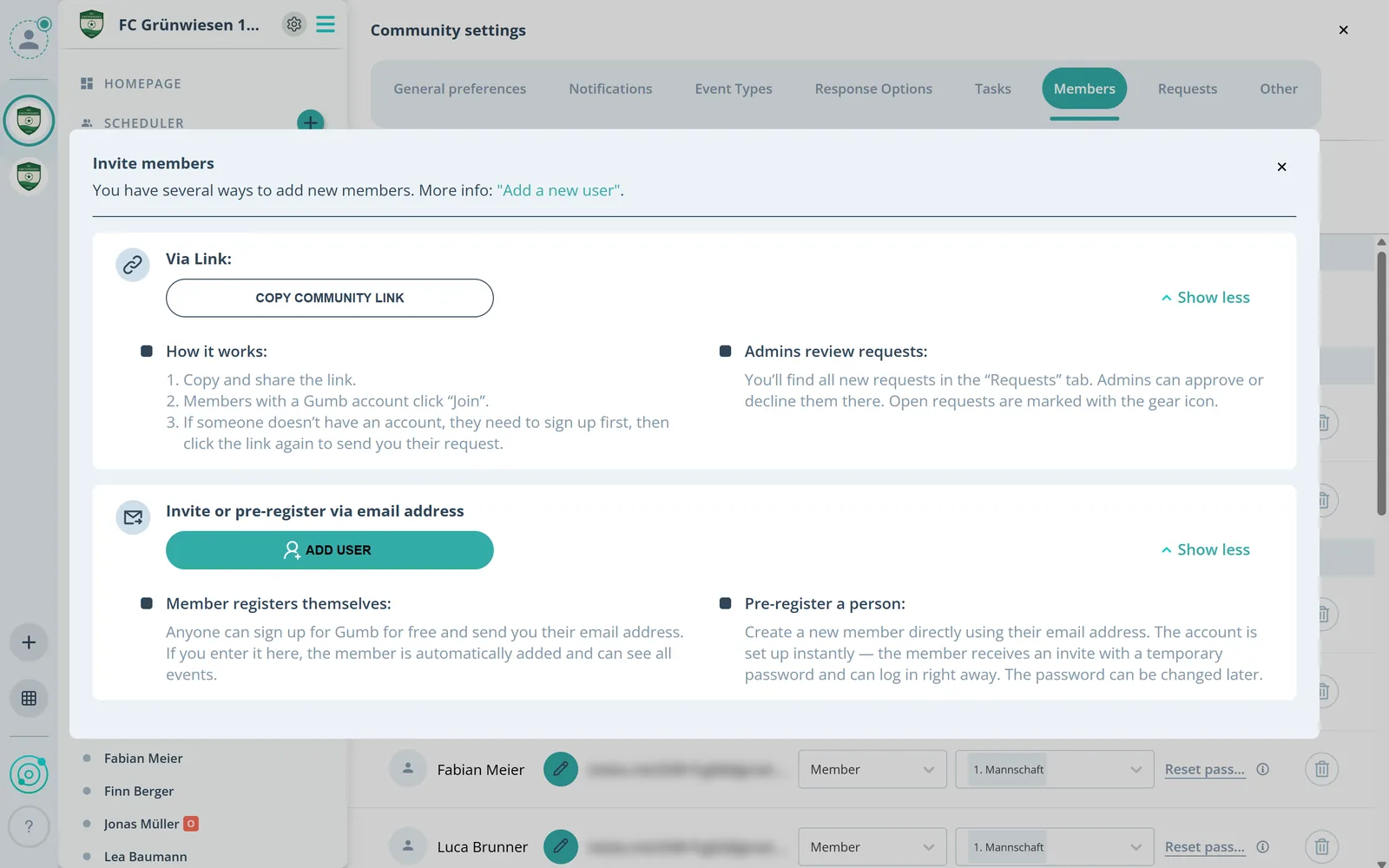 Invite members dialog with the option to add a person in advance