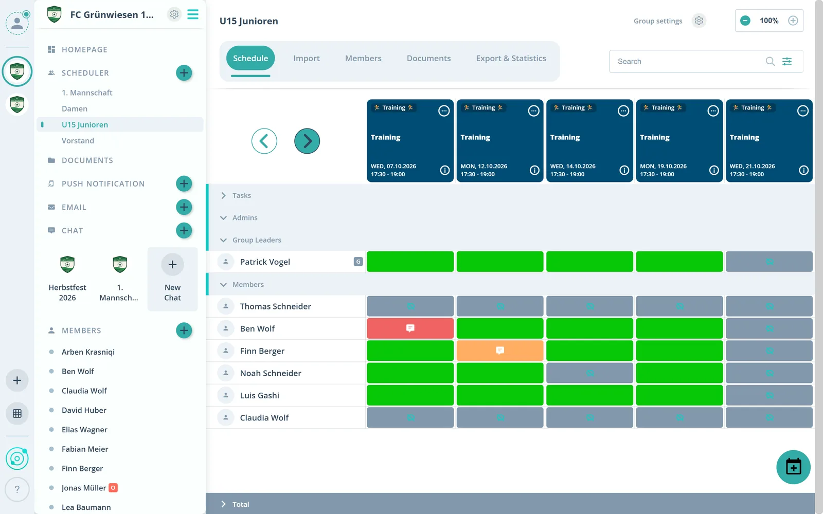 U15 scheduler with one row per child
