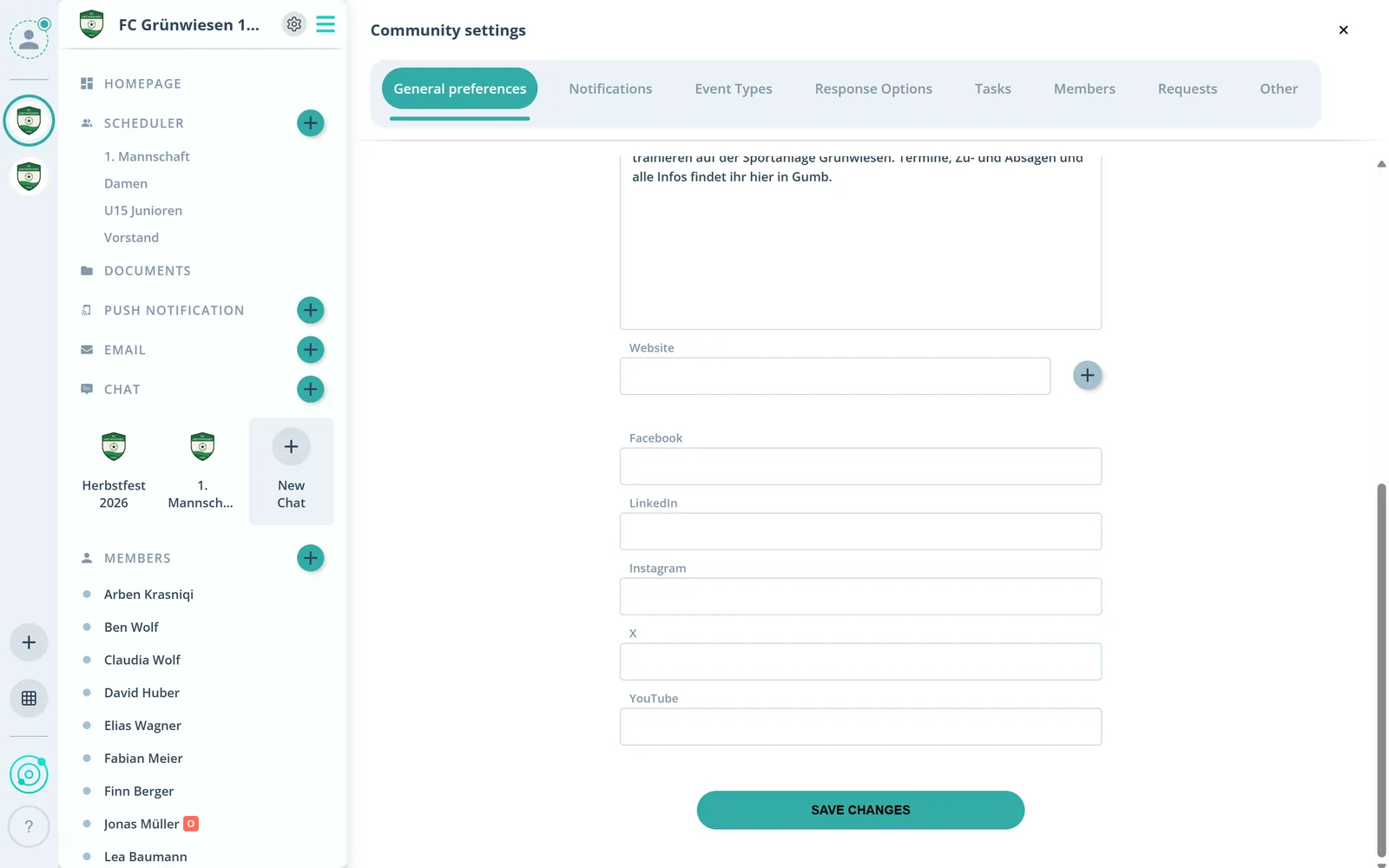 Fields for websites and social media profiles