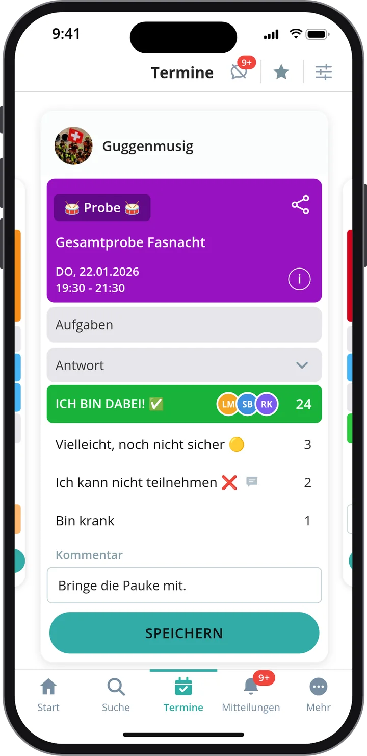 Gumb App auf dem Smartphone: Probe-Termin mit Zu- und Absagen