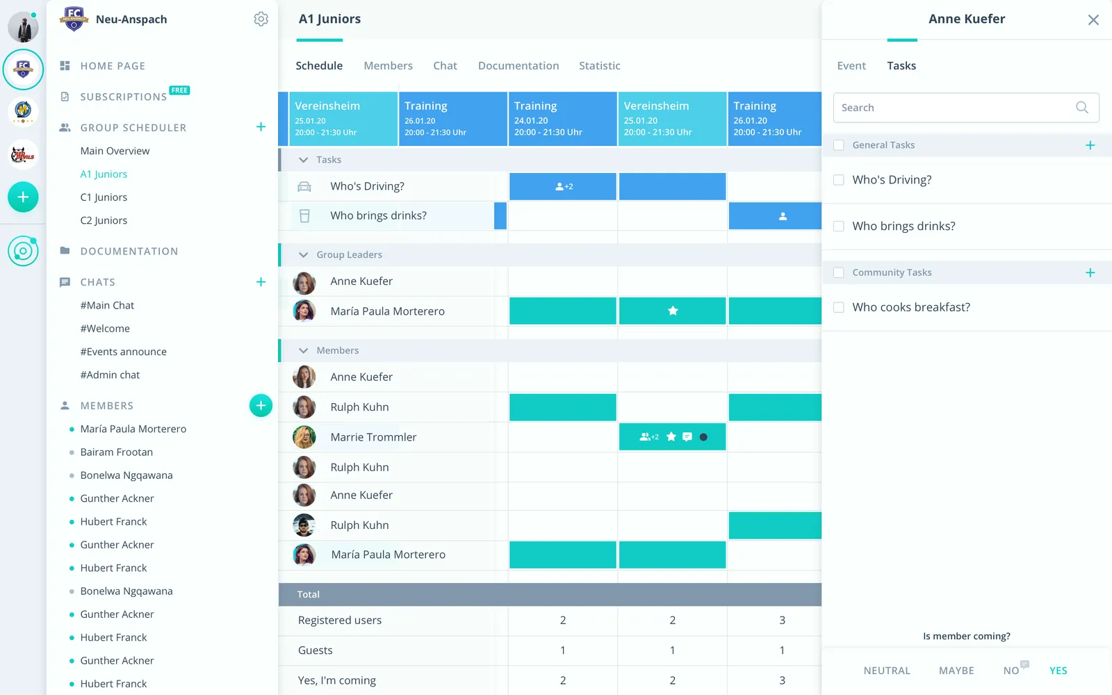 Gumb scheduler in the browser showing training, tasks and RSVPs of a youth team