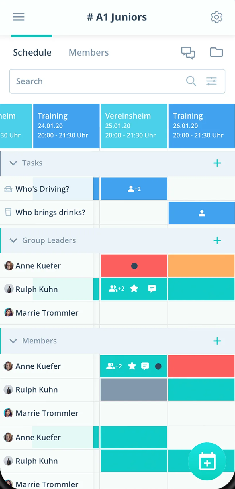 Gumb app on a smartphone showing a youth team's schedule