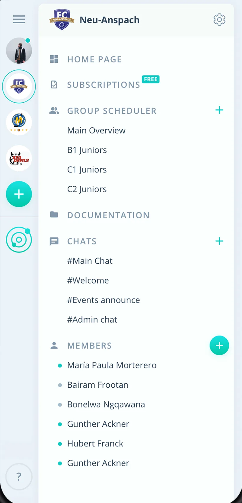 Gumb app showing every group of a club